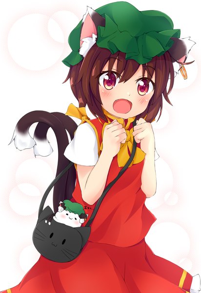Anime picture 1785x2600 with touhou chen chinoru single tall image looking at viewer highres short hair open mouth red eyes brown hair white background animal ears tail animal tail cat ears short sleeves cat girl cat tail fang (fangs)