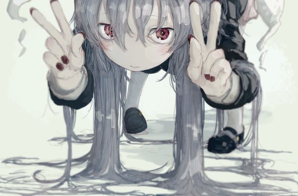 Anime-Bild 1200x788 mit touhou reisen udongein inaba yushika single long hair looking at viewer blush fringe simple background hair between eyes red eyes animal ears silver hair nail polish grey background leaning bunny ears embarrassed leaning forward victory