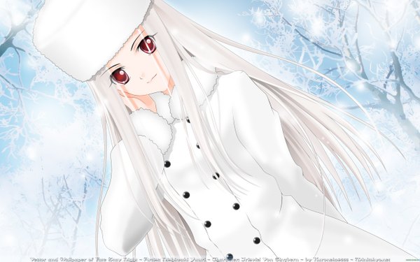 Anime picture 2560x1600 with fate (series) fate/zero type-moon irisviel von einzbern single long hair looking at viewer highres red eyes wide image white hair snowing winter double buttons fur hat girl plant (plants) hat tree (trees) buttons
