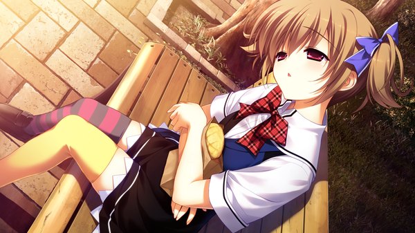 Anime picture 1024x576 with grisaia no kajitsu irisu makina fumio (ura fmo) single red eyes brown hair wide image sitting twintails game cg loli short twintails different thighhighs girl thighhighs striped thighhighs bench bread melon bread