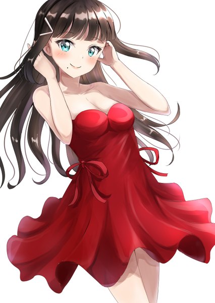 Anime picture 2200x3100 with love live! sunshine!! sunrise (studio) love live! kurosawa dia sin (sin52y) single long hair tall image looking at viewer blush fringe highres breasts light erotic black hair simple background smile white background bare shoulders payot