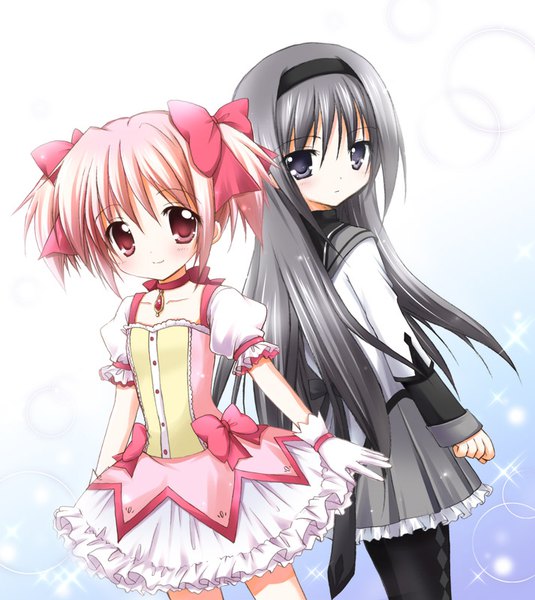 Anime picture 713x800 with mahou shoujo madoka magica shaft (studio) akemi homura kaname madoka nanase miori long hair tall image looking at viewer short hair black hair smile standing twintails multiple girls pink hair pink eyes black eyes puffy sleeves short twintails back to back