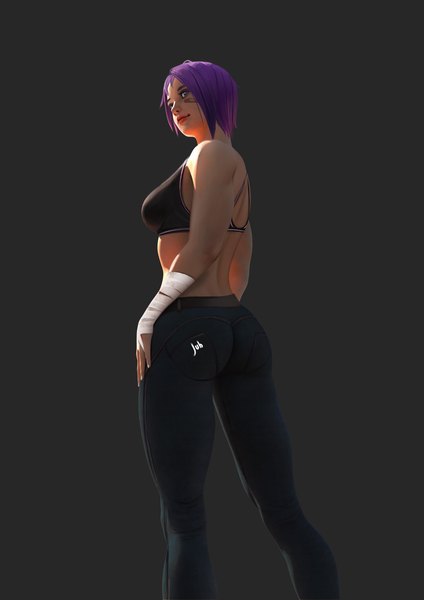 Anime picture 1240x1754 with original fore farlone (jubi) jubi (regiana) single tall image looking at viewer short hair breasts light erotic simple background smile standing purple eyes signed purple hair ass looking back realistic from below dark background