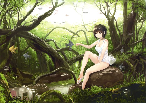 Anime picture 3300x2344 with original eshi 100-nin ten aoyama sumika coffee-kizoku single highres short hair light erotic black hair sitting bare shoulders brown eyes looking away absurdres cleavage scan floating hair underwater girl dress