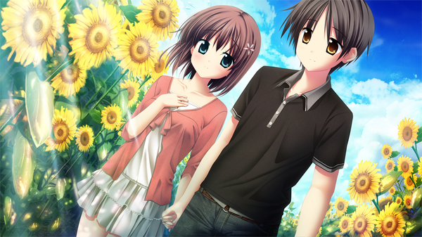 Anime picture 1280x720 with aqua (game) nonomiya chisa akizuki tsukasa short hair blue eyes black hair brown hair wide image yellow eyes game cg hair flower couple holding hands girl boy hair ornament sunflower