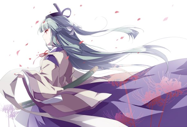 Anime picture 2000x1364 with touhou mystical power plant original suitokuin tenmu hichou single long hair fringe highres red eyes white background looking away blunt bangs nail polish traditional clothes japanese clothes profile aqua hair half updo girl