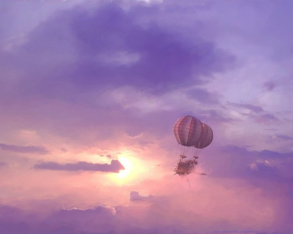 Anime picture 1280x1024 with sky cloud (clouds) sunlight evening sunset no people sun aircraft airship hot air balloons
