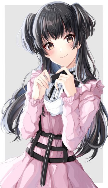 Anime picture 772x1334 with idolmaster idolmaster shiny colors mayuzumi fuyuko satoimo chika single long hair tall image looking at viewer blush fringe black hair simple background smile standing holding brown eyes blunt bangs long sleeves head tilt fingernails
