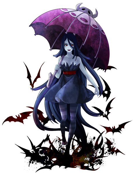 Anime picture 1521x2000 with adventure time marceline (adventure time) banya single long hair tall image red eyes bare shoulders holding blue hair looking away bent knee (knees) light smile lips sleeveless walking girl dress animal pantyhose