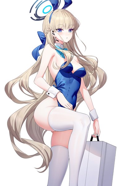 Anime picture 900x1371 with blue archive toki (blue archive) toki (bunny) (blue archive) ririko (zhuoyandesailaer) single long hair tall image fringe breasts blue eyes light erotic simple background blonde hair standing white background holding animal ears looking away blunt bangs braid (braids)