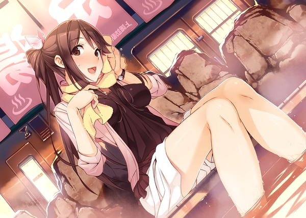 Anime picture 1511x1080 with rail wars! iida nana tagme (artist) single long hair looking at viewer blush open mouth brown hair sitting brown eyes ponytail towel around neck girl bow hair bow towel