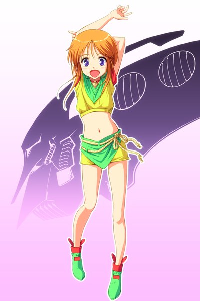Anime picture 1000x1500 with mobile suit gundam gundam zz sunrise (studio) elpeo puru qubeley mk ii exit nothing single tall image looking at viewer short hair open mouth purple eyes full body orange hair midriff gradient background arms behind head girl navel boots