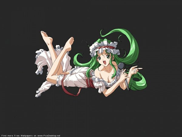 Anime picture 1152x864 with single long hair open mouth simple background green eyes lying barefoot green hair grey background girl dress microphone