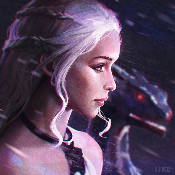 Anime picture 900x900 with a song of ice and fire daenerys targaryen drogon guweiz single long hair red eyes green eyes signed white hair profile lips inscription fantasy girl dragon