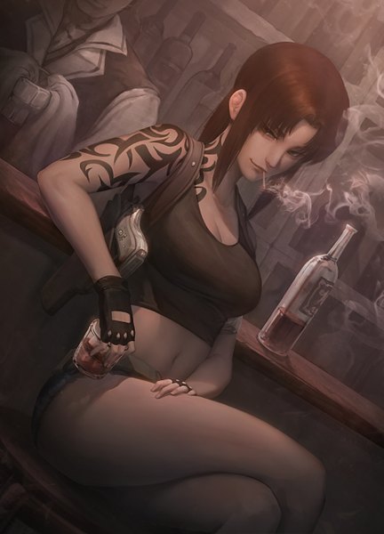 Anime picture 3846x5336 with black lagoon madhouse revy (black lagoon) peachpa long hair tall image looking at viewer fringe highres breasts brown hair sitting bare shoulders holding brown eyes payot absurdres cleavage ponytail indoors