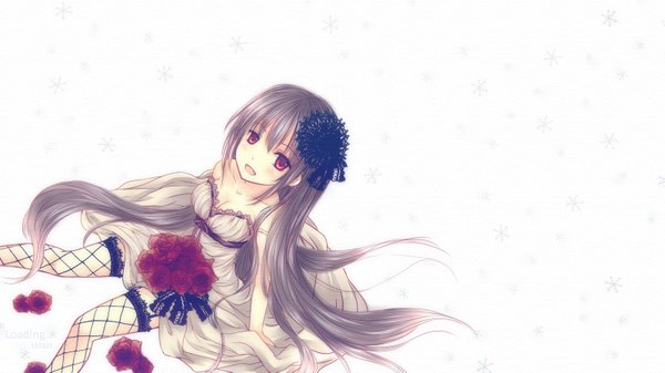 Anime picture 1599x899 with original loading single long hair looking at viewer blush open mouth red eyes brown hair wide image white background girl thighhighs dress flower (flowers) rose (roses) fishnet stockings