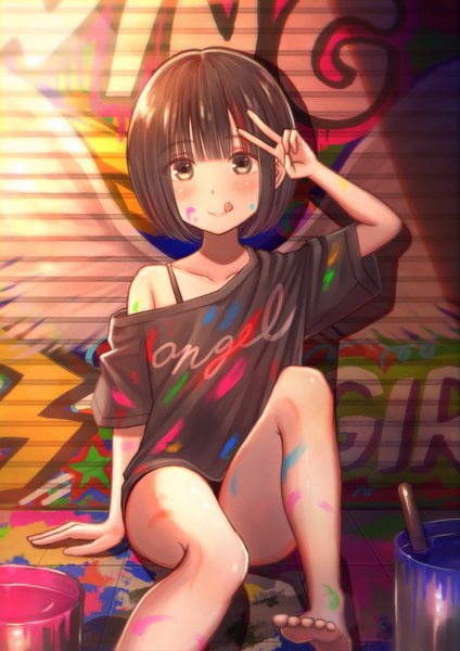 Anime picture 1457x2064 with bang dream! mitake ran tanbonota46 single tall image looking at viewer blush fringe short hair light erotic black hair smile sitting blunt bangs multicolored hair barefoot arm up off shoulder arm support two-tone hair