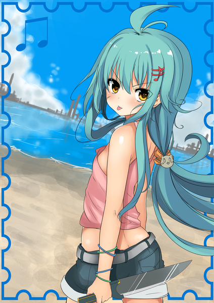 Anime picture 1200x1697 with original planol note mahcdai single long hair tall image looking at viewer blush fringe light erotic hair between eyes standing bare shoulders holding yellow eyes cloud (clouds) ahoge looking back aqua hair shadow
