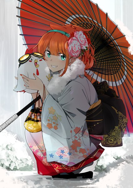 Anime picture 2149x3035 with original amano tora kazenoko single tall image looking at viewer fringe highres short hair smile holding full body blunt bangs nail polish traditional clothes japanese clothes aqua eyes orange hair wide sleeves floral print