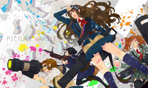 Anime picture 1562x936 with original senchat long hair short hair open mouth black hair brown hair wide image multiple girls orange hair girl skirt uniform bow weapon school uniform socks glasses sunglasses 4 girls