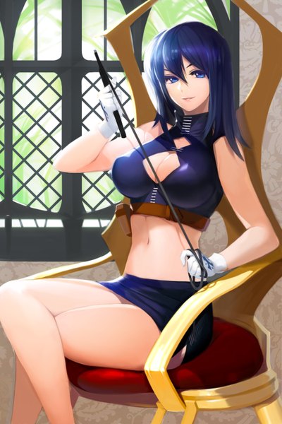 Anime picture 1000x1500 with sword girls snowball22 single tall image looking at viewer short hair blue eyes sitting blue hair midriff crossed legs girl gloves navel miniskirt crop top riding crop