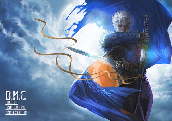Anime picture 1500x1061 with devil may cry vergil etmisa single looking at viewer short hair blue eyes standing holding sky cloud (clouds) white hair wind realistic text english boy gloves ribbon (ribbons) weapon