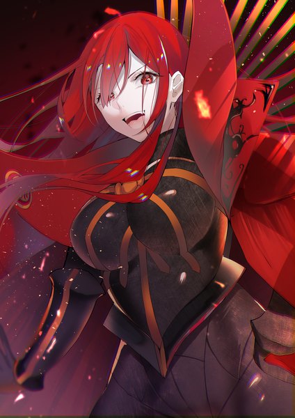 Anime picture 2782x3935 with fate (series) fate/grand order oda nobunaga (fate) (all) oda nobunaga (maou avenger) (fate) fou (ssqseeker) single long hair tall image looking at viewer fringe highres breasts open mouth smile red eyes large breasts standing payot upper body red hair