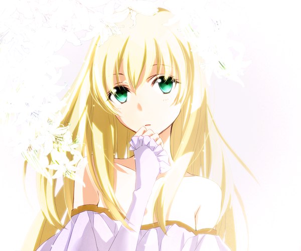 Anime picture 1000x838 with aldnoah.zero a-1 pictures asseylum vers allusia tsukimori usako single long hair looking at viewer blonde hair white background bare shoulders green eyes girl dress flower (flowers)