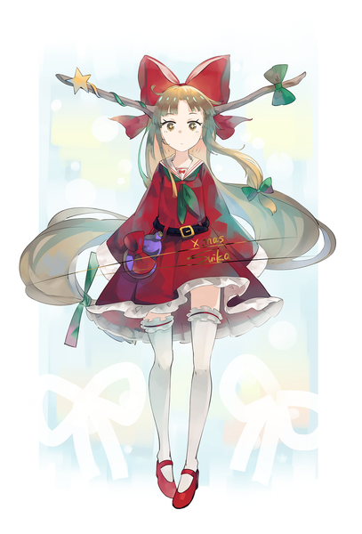 Anime picture 1361x2006 with touhou ibuki suika crazyoton46 single long hair tall image looking at viewer blonde hair yellow eyes full body long sleeves very long hair horn (horns) christmas low ponytail expressionless sailor collar girl thighhighs dress