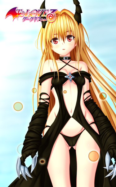 Anime picture 810x1300 with toloveru toloveru darkness xebec konjiki no yami ulquiorra90 single long hair tall image blush light erotic blonde hair simple background red eyes bare shoulders horn (horns) girl navel underwear panties detached sleeves