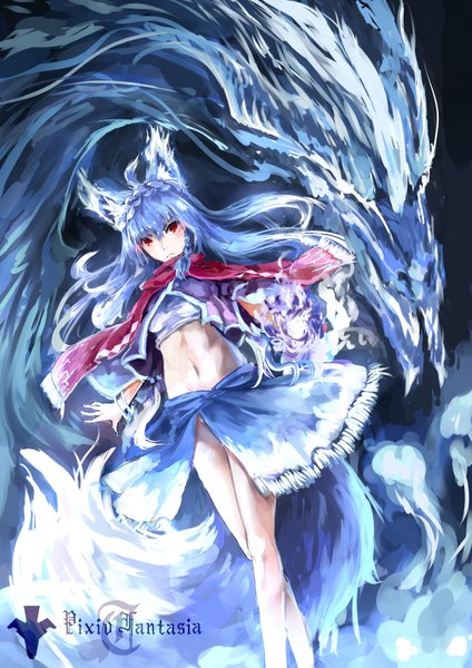 Anime picture 2480x3507 with original pixiv fantasia pixiv fantasia t hankon long hair tall image looking at viewer fringe highres red eyes standing animal ears blue hair tail animal tail bare belly fox ears fox tail spread arms fantasy