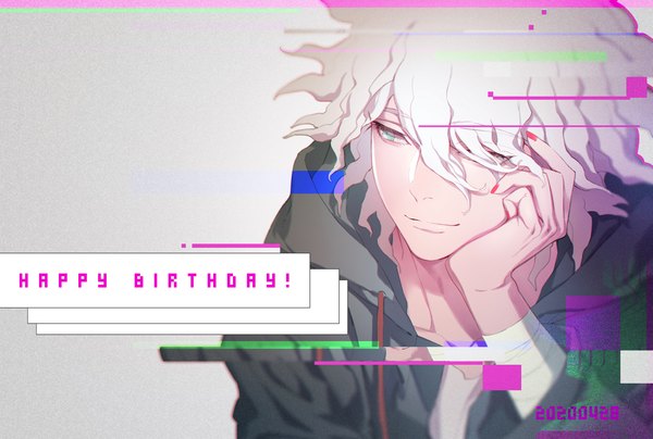 Anime picture 1200x807 with dangan ronpa super dangan ronpa 2 komaeda nagito zxs1103 single fringe short hair simple background smile green eyes looking away silver hair upper body nail polish hair over one eye grey background dated happy birthday head rest boy