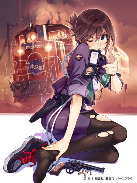 Anime picture 744x992 with rail wars! sakurai aoi vania600 single tall image looking at viewer blush fringe short hair breasts blue eyes hair between eyes brown hair sitting holding full body bent knee (knees) one eye closed mouth hold hieroglyph