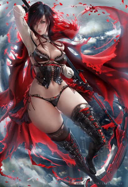 Anime picture 2395x3500 with rwby rooster teeth ruby rose sakimichan single tall image looking at viewer highres short hair breasts light erotic black hair large breasts holding sky cleavage cloud (clouds) full body red hair parted lips