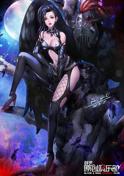 Anime picture 1358x1920 with blade & soul ran yu (blade and soul) ryushin single long hair tall image looking at viewer light erotic red eyes sitting signed blue hair cleavage night erect nipples piercing covered nipples girl gloves navel