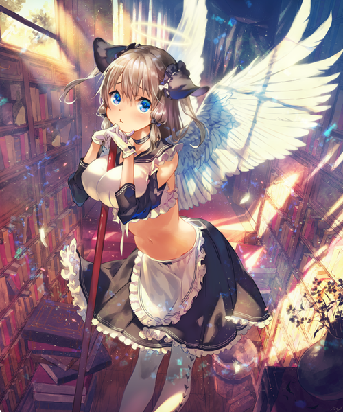 Anime picture 747x897 with original maeya susumu single long hair tall image looking at viewer blush fringe blue eyes light erotic hair between eyes brown hair twintails bare shoulders sunlight shadow midriff maid low twintails angel wings