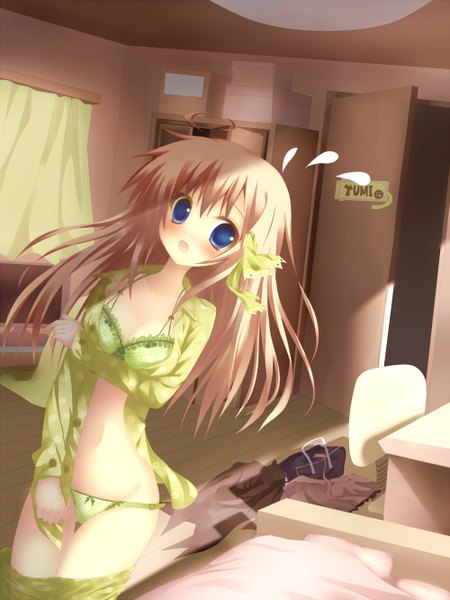 Anime picture 1000x1332 with original jebura single long hair tall image open mouth blue eyes light erotic brown hair open clothes open shirt girl navel hair ornament underwear panties ribbon (ribbons) hair ribbon pajamas