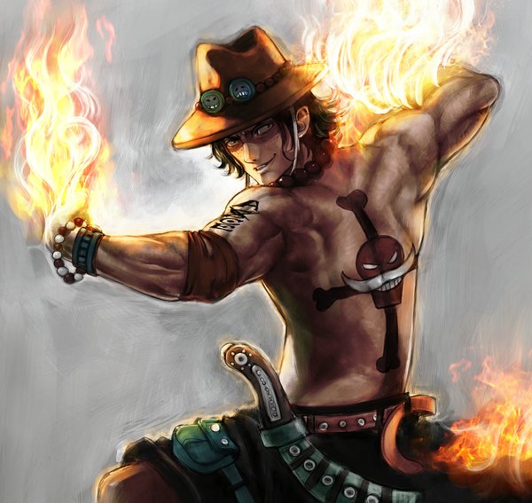 Anime picture 1001x946 with one piece toei animation portgas d. ace boyaking(sbf) single black hair simple background looking back grey background tattoo back muscle freckles bone (bones) skull and crossbones boy weapon hat sword bracelet