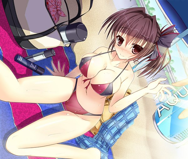 Anime picture 1125x950 with original rankiryuu single long hair looking at viewer blush fringe breasts light erotic smile brown hair large breasts sitting brown eyes wet beach girl swimsuit bikini drink