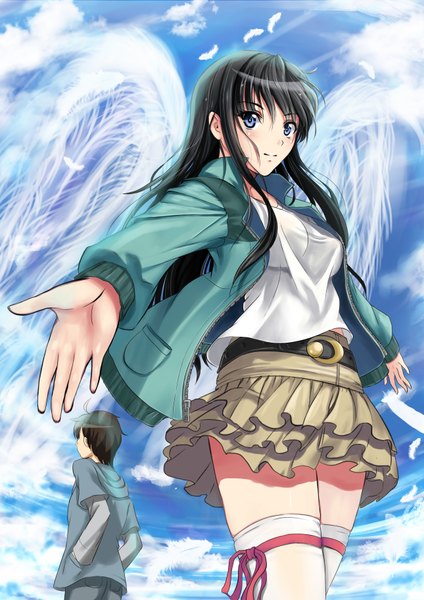 Anime picture 2579x3648 with original soyokaze long hair tall image looking at viewer highres short hair blue eyes black hair sky cloud (clouds) open clothes open jacket girl thighhighs boy skirt white thighhighs wings jacket