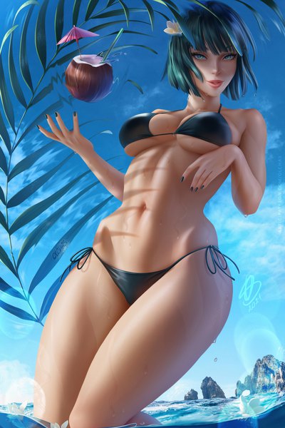 Anime picture 2600x3900 with one-punch man madhouse fubuki (one-punch man) olchas single tall image looking at viewer blush fringe highres short hair breasts light erotic smile large breasts standing green eyes signed sky cloud (clouds)