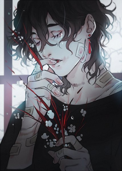 Anime picture 642x900 with original saito yukihiro single tall image fringe short hair open mouth black hair hair between eyes upper body eyes closed hand to mouth boy earrings bandaid