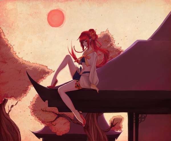 Anime picture 1204x995 with original hachiyuki long hair sitting red hair hair flower pointy ears girl hair ornament plant (plants) tree (trees) shoes sun roof