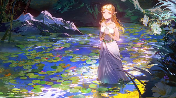 Anime picture 1643x920 with the legend of zelda the legend of zelda: breath of the wild nintendo princess zelda minty0 single long hair blue eyes blonde hair wide image looking away pointy ears elf girl dress flower (flowers) animal bracelet white dress fish (fishes)