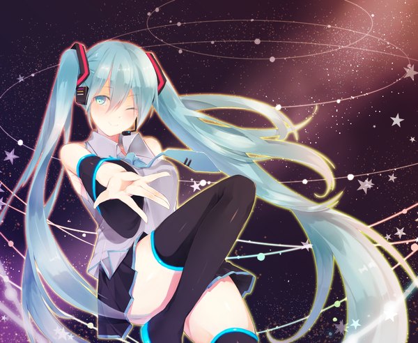 Anime picture 1464x1202 with vocaloid hatsune miku hina sumomo single looking at viewer blush smile twintails bare shoulders very long hair pleated skirt one eye closed aqua eyes wink aqua hair outstretched arm space convenient leg girl skirt