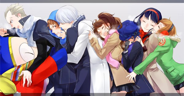 Anime picture 1548x815 with persona 4 kujikawa rise satonaka chie amagi yukiko shirogane naoto seta souji hanamura yousuke kuma (persona 4) tatsumi kanji long hair blush short hair open mouth blue eyes black hair simple background blonde hair smile brown hair wide image