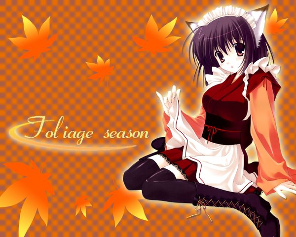Anime picture 1280x1024 with nanao naru maid cat girl autumn orange background girl