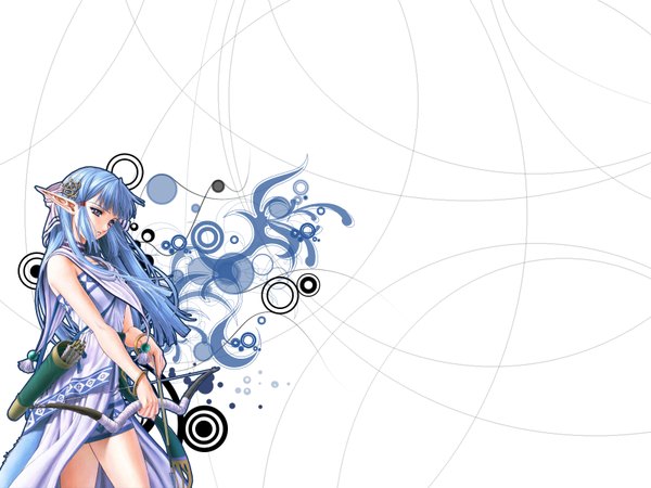 Anime picture 1600x1200 with ys olha (ys) taue shunsuke single long hair open mouth blue eyes simple background white background bare shoulders blue hair pointy ears third-party edit archery girl hair ornament weapon
