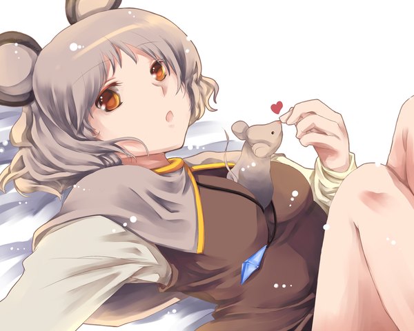 Anime picture 1280x1024 with touhou nazrin atoki single looking at viewer short hair open mouth brown hair white background animal ears lying orange eyes wavy hair girl animal heart pendant mouse
