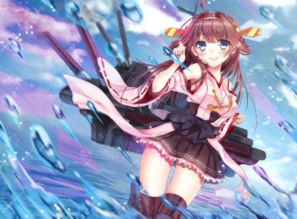 Anime picture 5300x3930 with kantai collection kongou battleship wa sakaidera umeko single long hair looking at viewer blush highres blue eyes smile brown hair absurdres sky cloud (clouds) ahoge traditional clothes nontraditional miko girl hair ornament weapon
